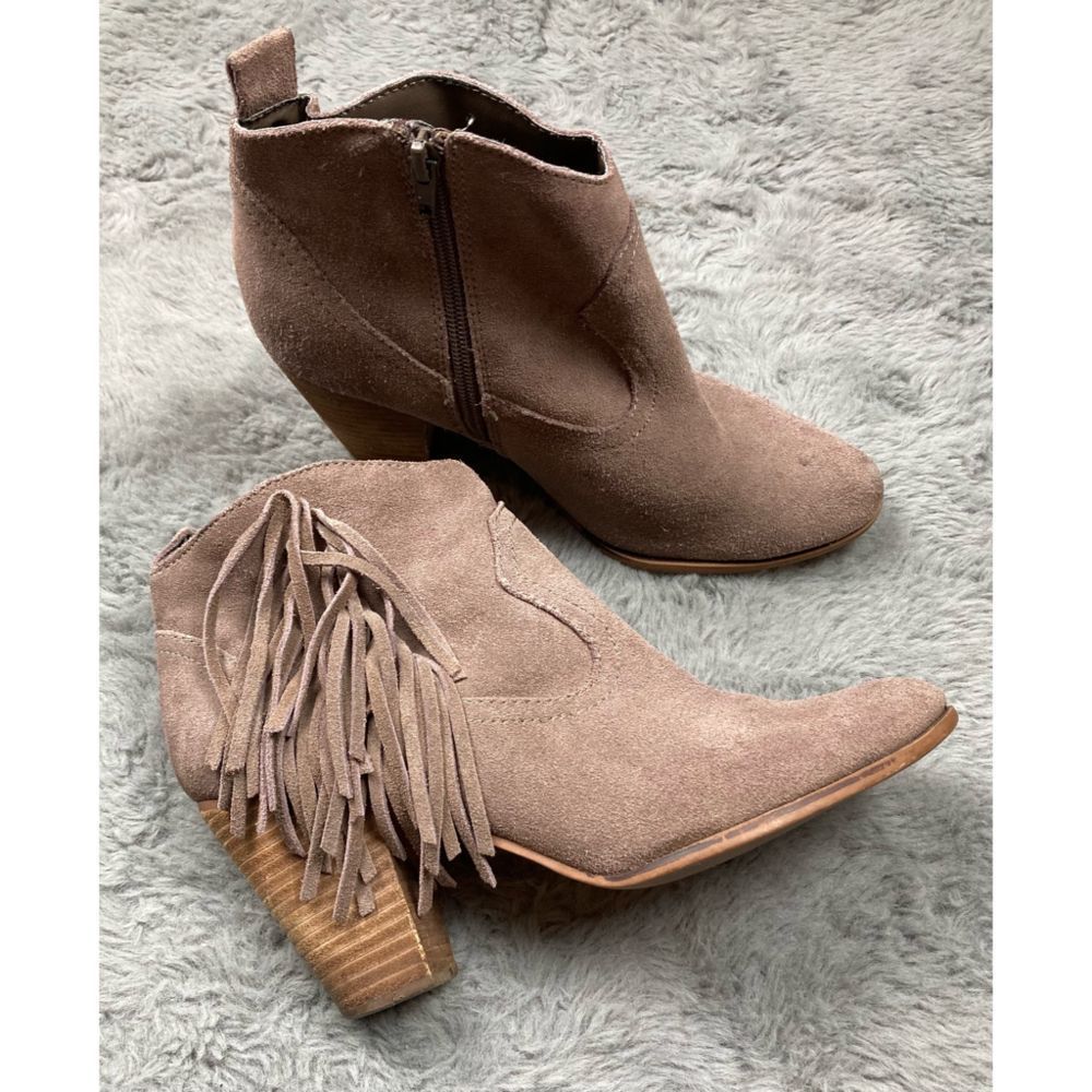 Steve Madden Taupe Suede Fringe Ankle Booties